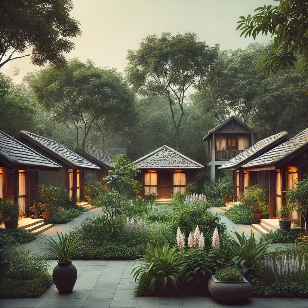 DALL·E 2025 03 07 17 04 26 A serene ashram setting featuring square shaped cottages surrounded by lush greenery  The cottages have an ancient architectural look with wooden door